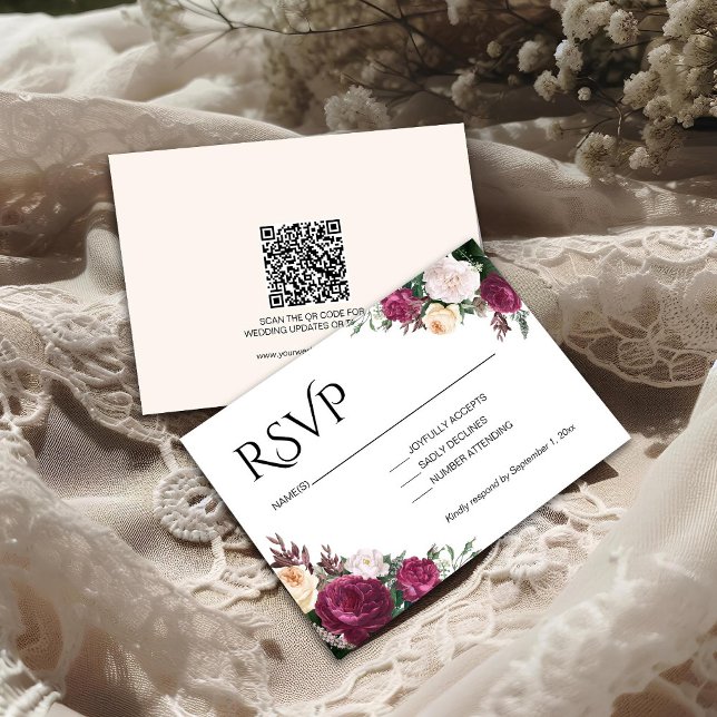 Cartão RSVP Boho Burgundy Floral Wedding (Criador carregado)