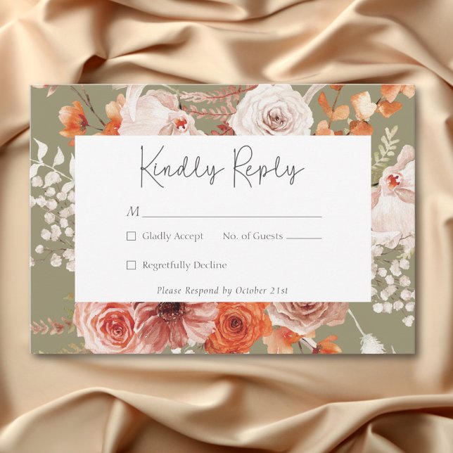 Cartão RSVP Boho Burnt Orange Fall Floral Monograma Sage (Boho Burnt Orange Fall Floral Monogram Sage RSVP Card)