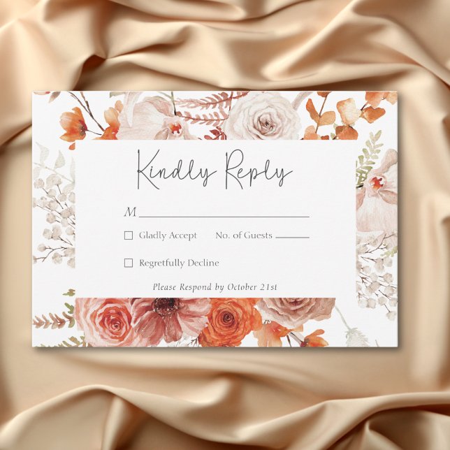 Cartão RSVP Boho Burnt Orange Fall Floral White (Boho Burnt Orange Fall Floral White RSVP Card)