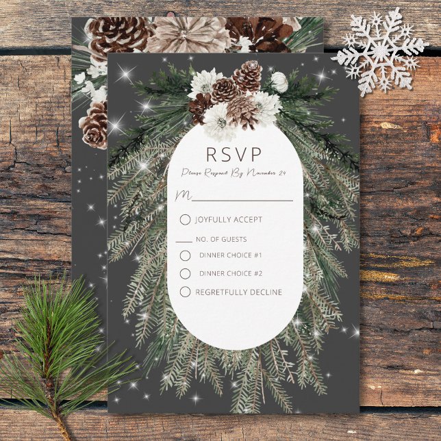 Cartão RSVP Boho Charcarbonet Pine Winter Sparkle Dois Janto (Boho Charcoal Pine Winter Sparkle Wedding RSVP Card)