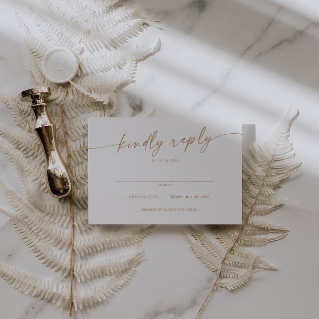 Cartão RSVP Boho Chic Casamento Simples Dourado e Branco (Criador carregado)