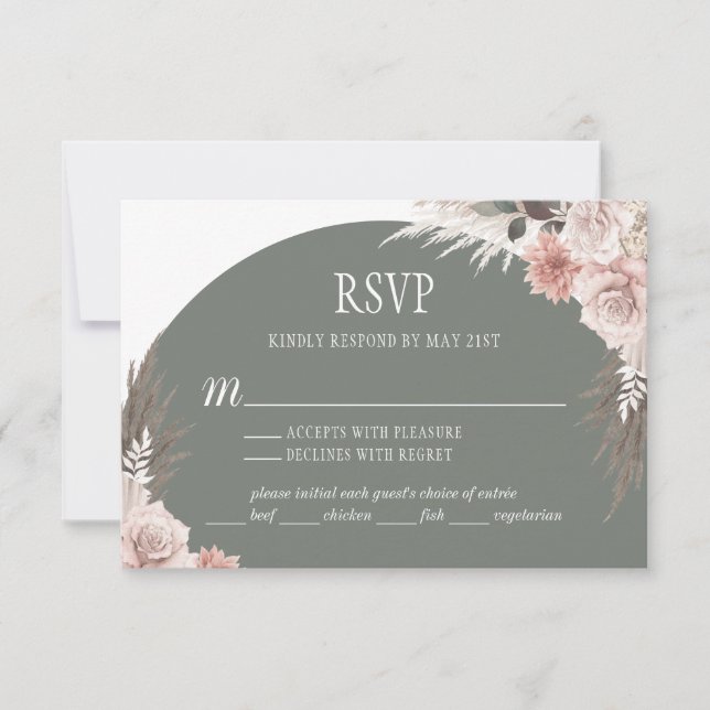 Cartão RSVP Boho Chic Pampas Grass Sage Casamento Floral Verde (Frente)