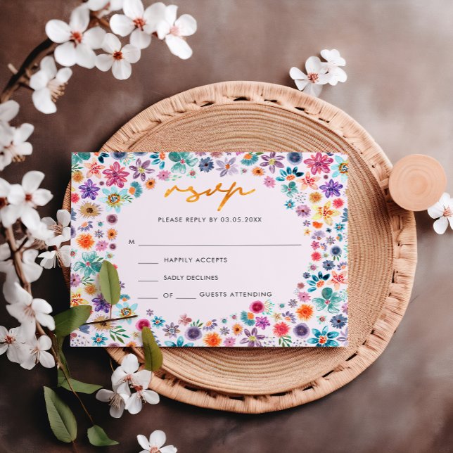 Cartão RSVP Boho Chic Rosa Claro Dourado Casamento de Flores S (Front)