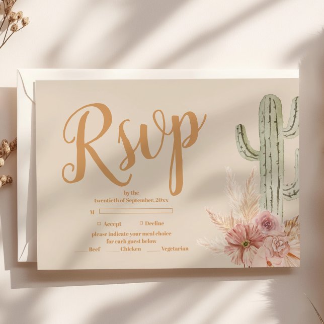 Cartão RSVP Boho Desert Cactus Wedding (Criador carregado)