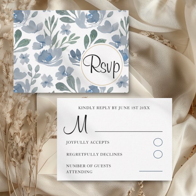 Cartão RSVP Boho Dusty Blue Watercolor Casamento Floral (Criador carregado)