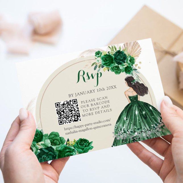 Cartão RSVP Boho Emerald Green Princess Quinceañera QR (Criador carregado)