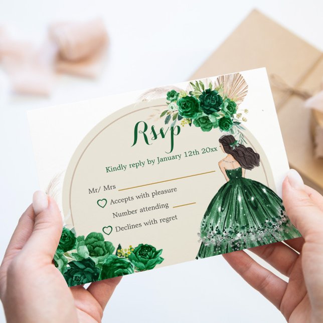 Cartão RSVP Boho Emerald Green Rosa Princesa Quinceañera (Criador carregado)