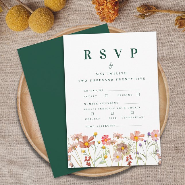 Cartão RSVP Boho Fall Wildflower Meals Casamento (Boho wildflower floral green wedding rsvp card watercolor flowers meal choices food allergies )