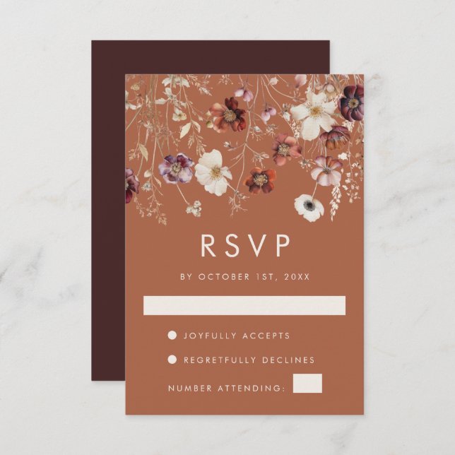 Cartão RSVP Boho Fall Wildflower Wedding (Frente/Verso)