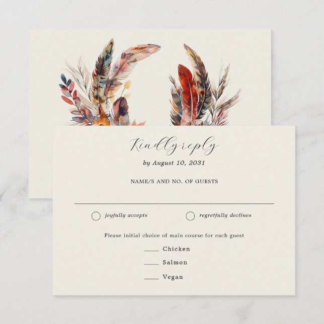 Cartão RSVP Boho Feather Wreath Meal Choice Casamento (Frente/Verso)