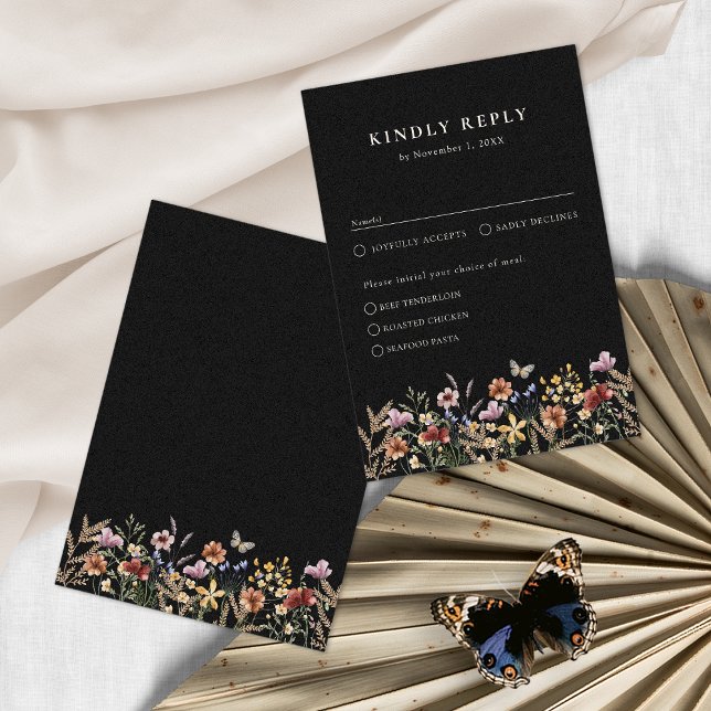 Cartão RSVP Boho Floral Com Refeições (Moody Black Boho Floral With Meals RSVP Card by Painted Paperie
)