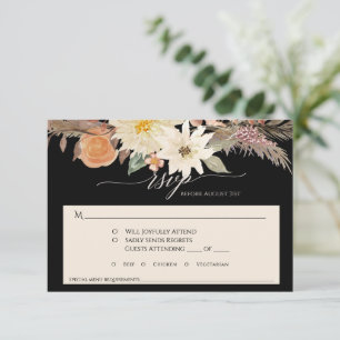 Cartão RSVP BOHO Floral de Outono Preto e Bege Grama de Pampas