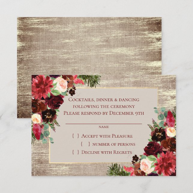 Cartão RSVP Boho Floral Floral Burgundy Dourado Russo de Natal (Frente/Verso)