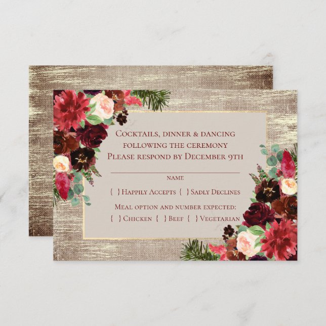 Cartão RSVP Boho Floral Marsala Burlap Entree (Frente/Verso)
