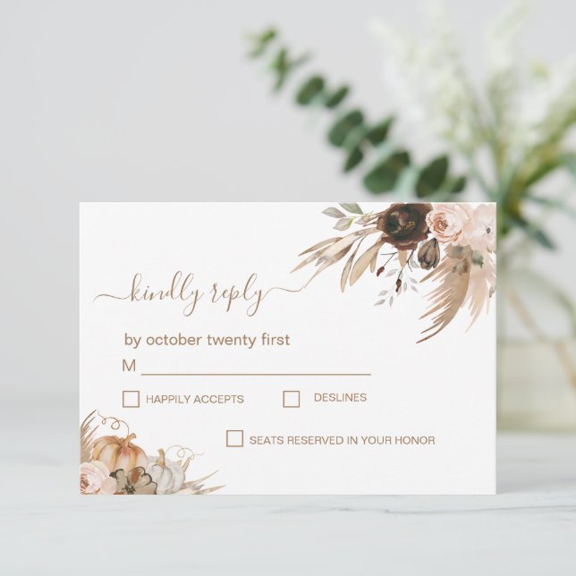 Cartão RSVP Boho Floral Pumpkin se apaixona (Em pé/Frente)