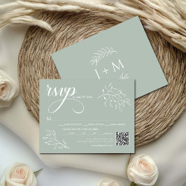 Cartão RSVP Boho Floral Verde Salvia Caligrafia Código QR
