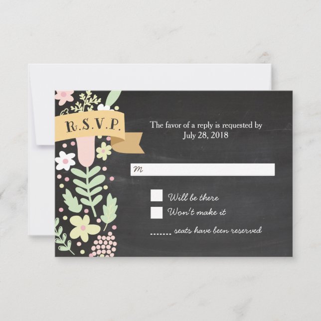 Cartão RSVP Boho Flower Wreath Rustic Chalkboard Casamento (Frente)