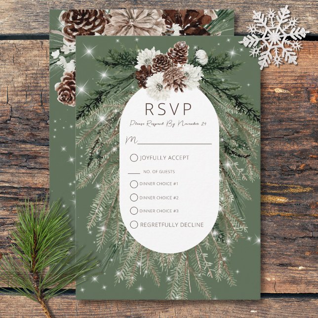 Cartão RSVP Boho Green Pine Winter Sparkle Três Janto (Boho Green Pine Winter Sparkle Three Dinner RSVP Card)