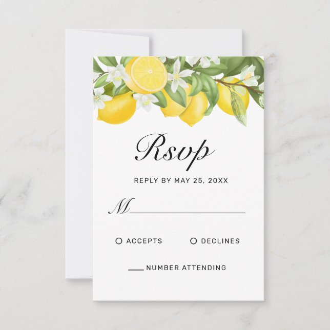 Cartão RSVP Boho Lemons Watercolor Floral Greenery Casamento (Frente)