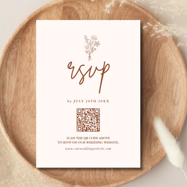 Cartão RSVP Boho Minimal Botanicals Terracotta Código QR Casam (Criador carregado)
