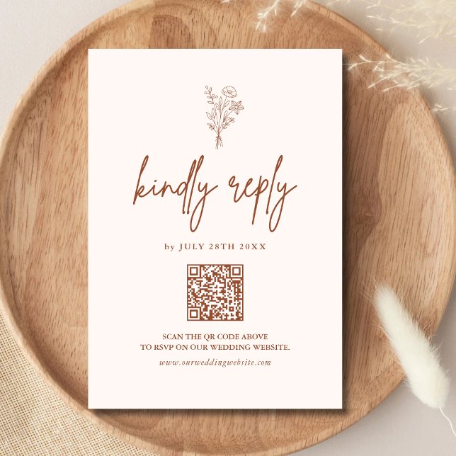 Cartão RSVP Boho Minimal Botanicals Terracotta Código QR Casam (Criador carregado)