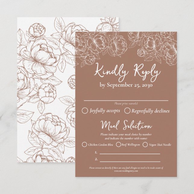 Cartão RSVP Boho Mocha Mousse Modern Wedn Meal Options e (Frente/Verso)