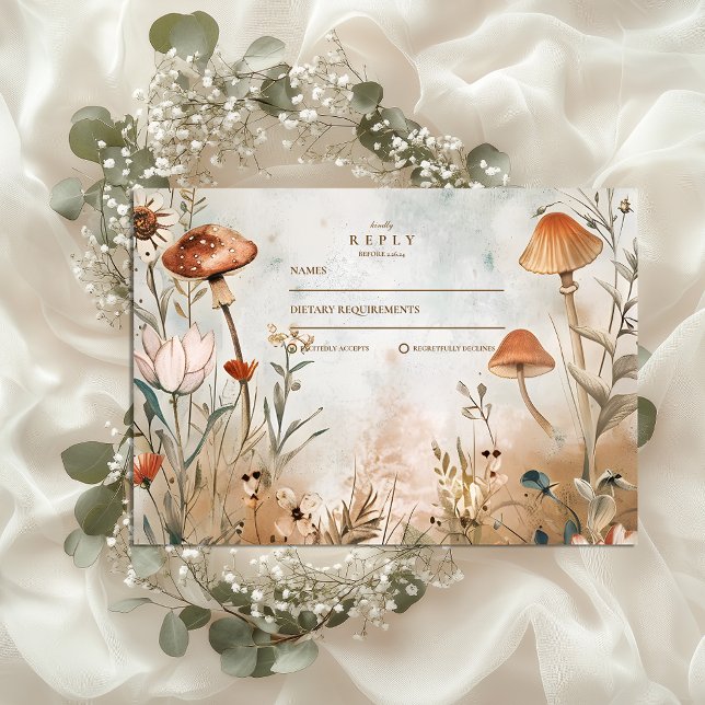 Cartão RSVP Boho Mushroom Wildflower Wedding (Criador carregado)