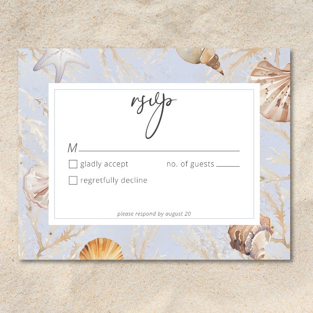 Cartão RSVP Boho Ocean Dusty Blue No Casamento Da Praia (Criador carregado)