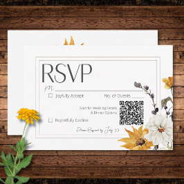 Cartão RSVP Boho Ouro Amarelo Flores de Prados Branco Código Q