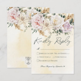 Cartão RSVP Boho Pampas e Casamento de Creme de Rosas Rosa