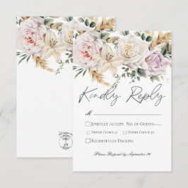 Cartão RSVP Boho Pampas e Rosas Rosa Casamento Branco