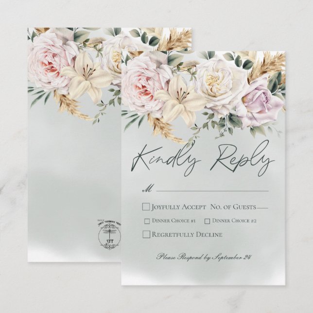 Cartão RSVP Boho Pampas e Rosas Rosa Casamento Verde (Frente/Verso)