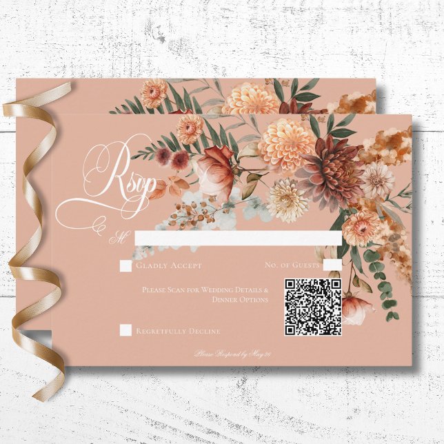 Cartão RSVP Boho Peach & Rust Floral Peach Blush Código QR (Boho Peach & Rust Floral Peach Blush Dinner RSVP Card with QR Code)