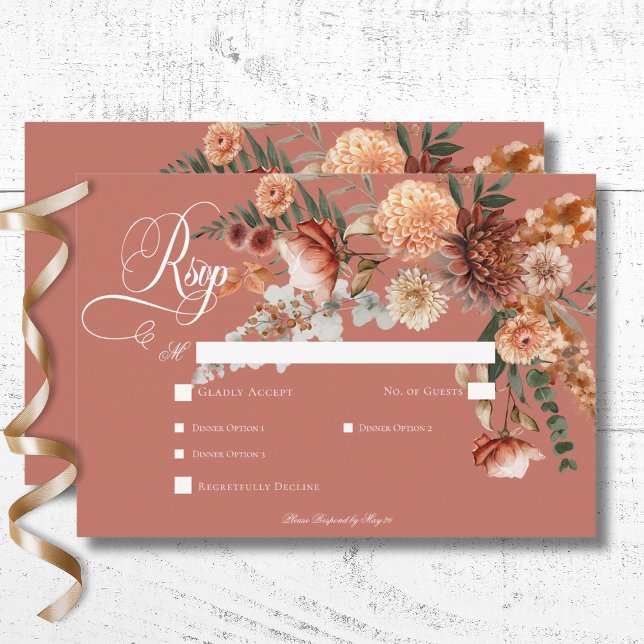 Cartão RSVP Boho Peach & Rust Janto Floral Rust (Boho Peach & Rust Floral Rust Wedding Response Card with Dinner Options)