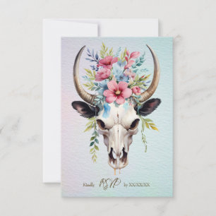 Cartão RSVP Boho Primavera Watercolor Vaca Floral Casamento Cr