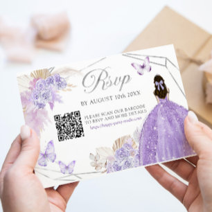 Cartão RSVP Boho Purple Silver Borboleta Floral Quinceañera QR