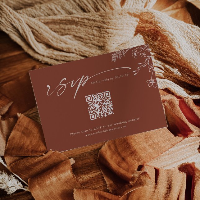 Cartão RSVP Boho Qr Code Terracotta Burnt Orange Wedding (Criador carregado)