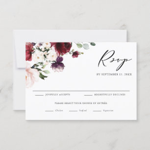 Cartão RSVP Boho Red e Purple Watercolor Flowers Casamento