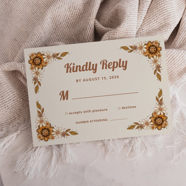 Cartão RSVP Boho Retro Flowers | Casamento (A trendy, neutral wedding rsvp card with retro flowers)