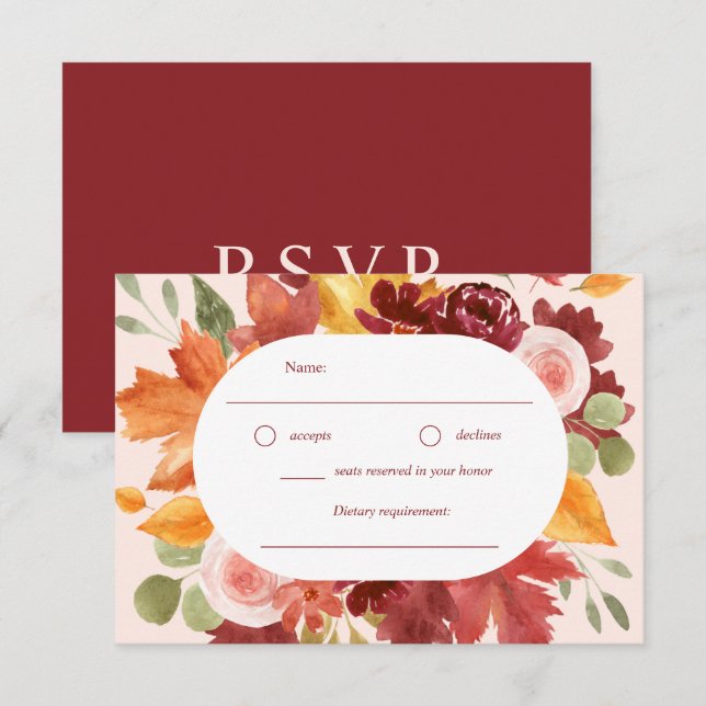 Cartão RSVP Boho Romântico Casamento outono Floral Burgundy (Frente/Verso)