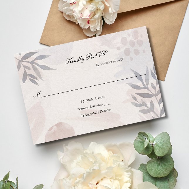 Cartão RSVP Boho Rosa Azul Folha Botânica Folha Aquarela Casam (Boho blush pink blue gray botanical leaves abstract shapes Wedding RSVP card)