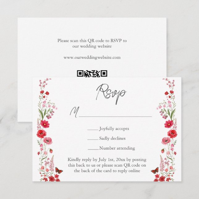 Cartão RSVP Boho Rosa e Vermelhas Flores Silvestres Casamento  (Frente/Verso)