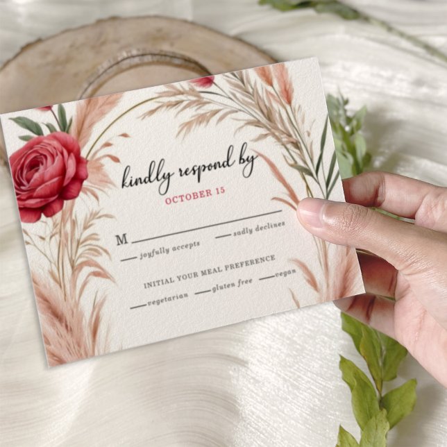 Cartão RSVP Boho Rosa Pampas Grass Wedding (Criador carregado)