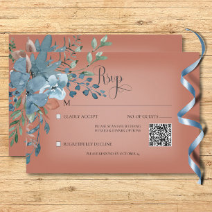 Cartão RSVP Boho Rust & Blue Floral Wedch Rust Código QR