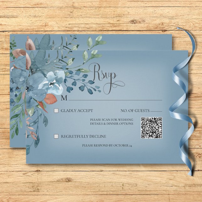Cartão RSVP Boho Rust e Blue Floral Weding Blue Código QR (Boho Rust & Blue Floral Wedding Blue QR Code RSVP Card)