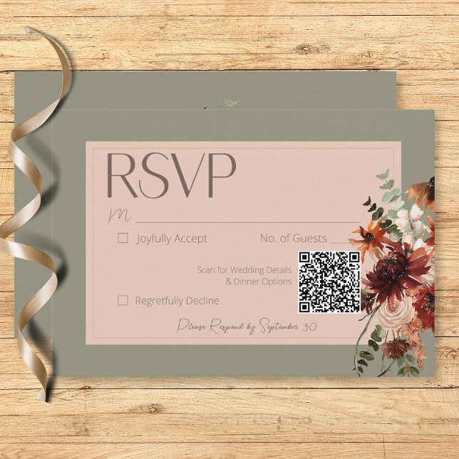 Cartão RSVP Boho Rust & Neutral Fall Floral Sage Casamento Ver (Boho Rust & Neutral Fall Floral Sage Green Wedding RSVP Card)