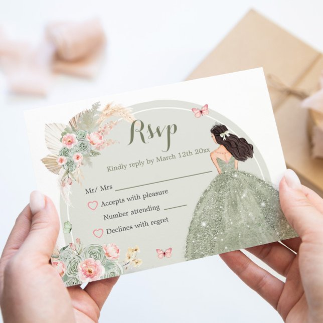 Cartão RSVP Boho Sage Green Blush Pink Quinceañera (Criador carregado)