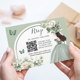 Cartão RSVP Boho Sage Green Floral Princess Girl 15 Años QR