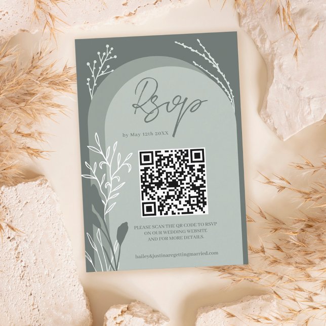 Cartão RSVP Boho sage green floral Qr code script arnês casame (Criador carregado)