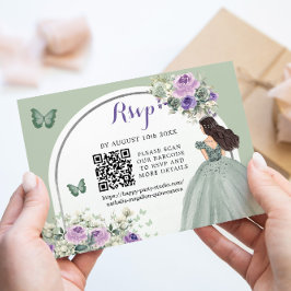Cartão RSVP Boho Sage Green Lilac Princess Girl 15 Años QR